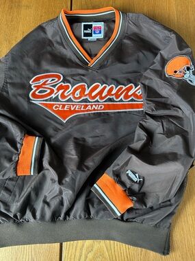 90s Puma Cleveland Browns Pullover Windbreaker Jacket - Brown & Orange Size M